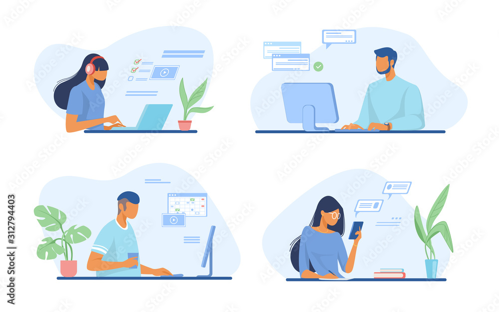 Poster people using online apps set. professionals using computers and cellphones for work or chat. flat ve