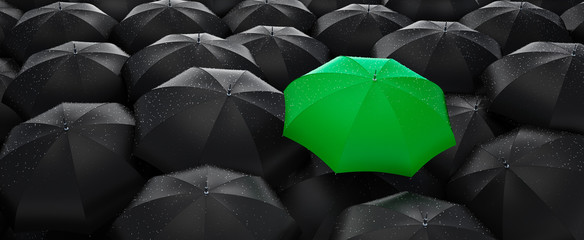 Green umbrella stand out from the crowd of many black umbrellas - being different concept - obrazy, fototapety, plakaty