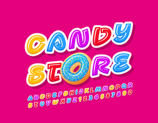 Obraz na płótnie Canvas Vector Colorlul Sign Candy Store. Playful Bright Font. Modern creative Alphabet Letters and Numbers.
