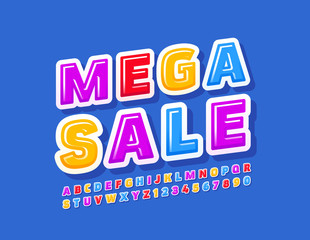 Vector Colorful Sign Mega Sale. Bright modern Font. Glossy Alphabet Letters and Numbers