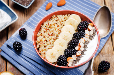 Greek yogurt almond banana Chia seeds Quinoa blackberry breakfast bowl