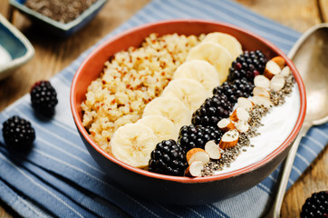 Greek yogurt almond banana Chia seeds Quinoa blackberry breakfast bowl