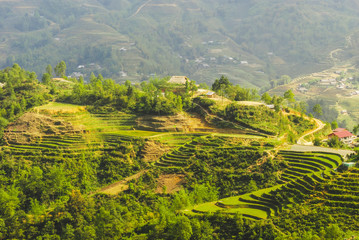 Scenic view of Y Linh Ho valley with rice terraces surrounded with mountains by Sapa, Vietnam 