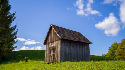 ein alter Holz Schuppen auf einer Wiese in der Steiermark 