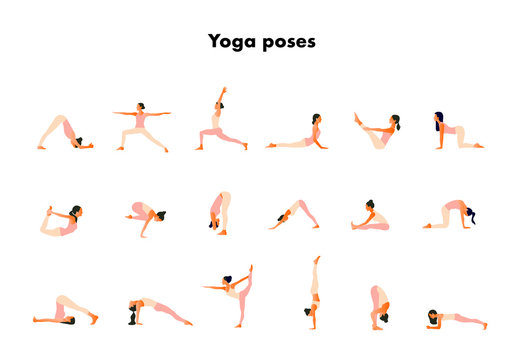  Tiny women performing yoga poses. Women practicing asanas and pelvic floor exercises. Flat cartoon vector illustration isolated on white background. 