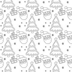 Seamless pattern with Santa Claus, gifts, snowflakes, Christmas tree. Christmas coloring page. Christmas ornament. Christmas fabric.