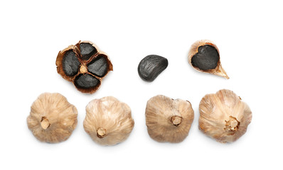Black garlic on white background