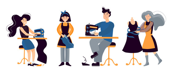 Collection of people enjoying their hobby: sewing on a sewing machine, hand-made clothing design, fabric cutting Colorful vector illustration of men and women in flat cartoon style.