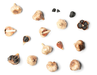 Black garlic on white background