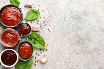 Composition with tasty barbecue sauce on table