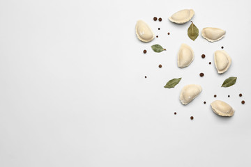 Raw dumplings with spices on white background