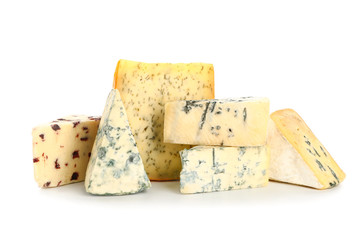 Assortment of fresh cheeses on white background