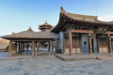 Complex of courtyards-Chinese pagoda and surrounding pavilions overlooking Crescent...