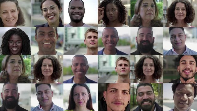 Cheerful multiracial men and women. Split screen collage of cheerful multiethnic men and women posing and looking at camera. Facial expression concept