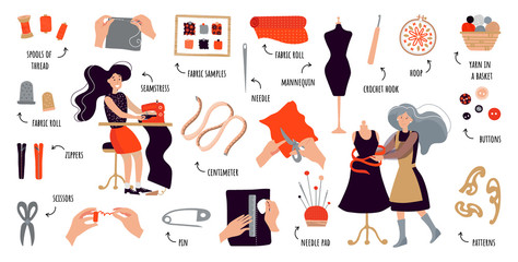 Vector flat infographics sewing courses. Women create designer clothes with their own hands. Set of items for sewing and knitting.