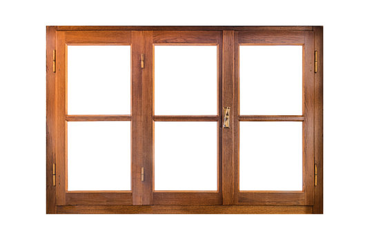 Frame of a light brown wooden window with three parts