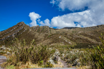 Beautiful landscape of Colombian Andean mountains showing paramo type vegetation in the department of Cundinamarca