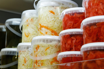 Preserved food, marinated fermented and pickled vegetables in jars