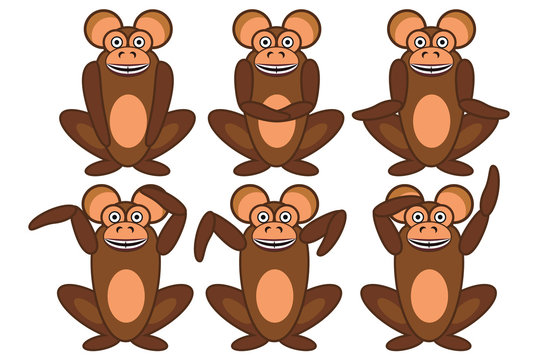 Monkeys sitting and smiling in different poses. Vector set image