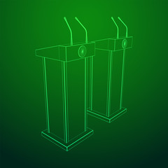 Obraz premium Speaker Podium. White Tribune Rostrum Stand with Microphones. Debate, press conference concept. Wireframe low poly mesh vector illustration