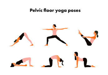 Fototapeta na wymiar Pelvic floor yoga poses. Woman health. Yoga asanas. Exercises for mom to strengthen the pelvic floor muscles. Vector cartoon illustration. Kegel exercises.
