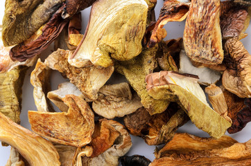 Full frame top view of dried homemade mushrooms in close-up.