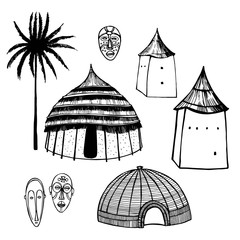 Hand drawn african huts and houses on white background. Vector sketch illustration.