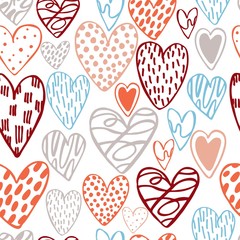 Vector seamless pattern with hand-drawn hearts on white background.  Sketch illustration.