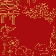 2020 Chinese New Year background. Year of the rat. Vector sketch illustration.