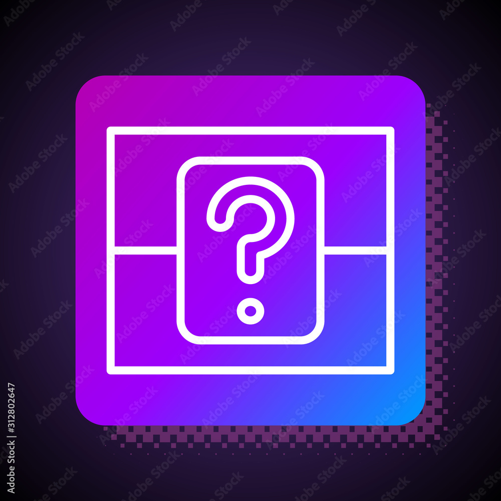 Poster white line mystery box or random loot box for games icon isolated on black background. question box.