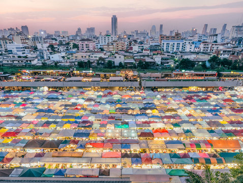 beautiful view of the night market in Bangkok, Thailand, Ratchada Rot Fai Night Market
