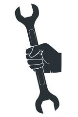 Hand holding adjustable wrench tool. Hardware tool in hand black silhouette.