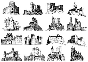Graphical set of castles isolated on white background,vector illustration © Алексей Воробьёв