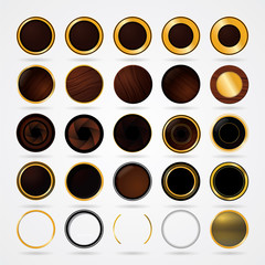 Fototapeta na wymiar Set of various style of round button in wood & gold style. For icon, website or apps.