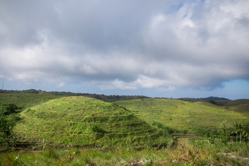 Rolling Teletubbies Hills With Lush Green Forests, Palm Trees and Rice Teraces on Nusa Penida, Bali, Indonesia