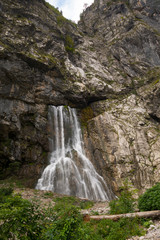 Obraz premium Abkhazia. Jeep trip to the mountains. The Gega waterfall, lake Riza