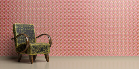 Chair vintage on wallpaper red color background. Art Deco style decoration. 3d illustration