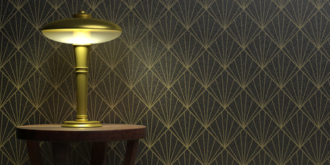 Table lamp on wallpaper black color background. Art Deco style decoration. 3d illustration