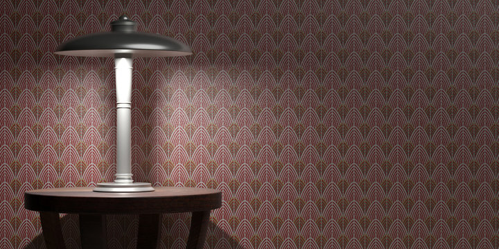 Fototapeta Table lamp on wallpaper red color background. Art Deco style decoration. 3d illustration