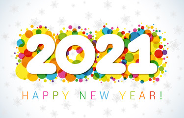 2021 A Happy New Year greeting card. Xmas white background. Holiday confetti numbers and text. Coloured logotype. Abstract isolated graphic web design template. Calender title. Creative paper digits