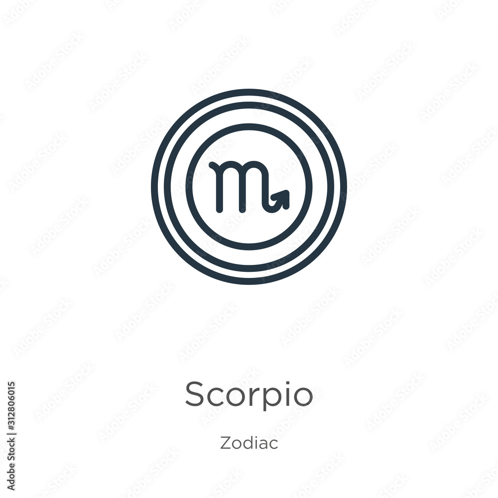 Poster scorpio icon. thin linear scorpio outline icon isolated on white background from zodiac collection. 