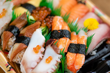 Assorted sushi sold at supermarkets.