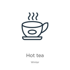 Hot tea icon. Thin linear hot tea outline icon isolated on white background from winter collection. Line vector sign, symbol for web and mobile