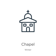 Chapel icon. Thin linear chapel outline icon isolated on white background from winter collection. Line vector sign, symbol for web and mobile