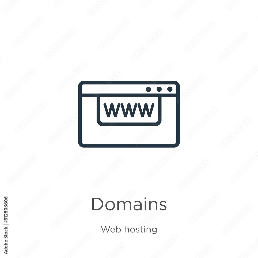 Poster domains icon. thin linear domains outline icon isolated on white background from web hosting collect