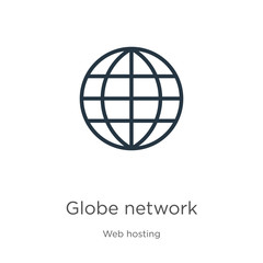 Globe network icon. Thin linear globe network outline icon isolated on white background from web hosting collection. Line vector sign, symbol for web and mobile