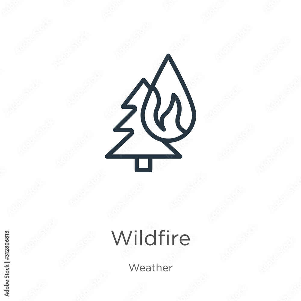 Poster wildfire icon. thin linear wildfire outline icon isolated on white background from weather collectio