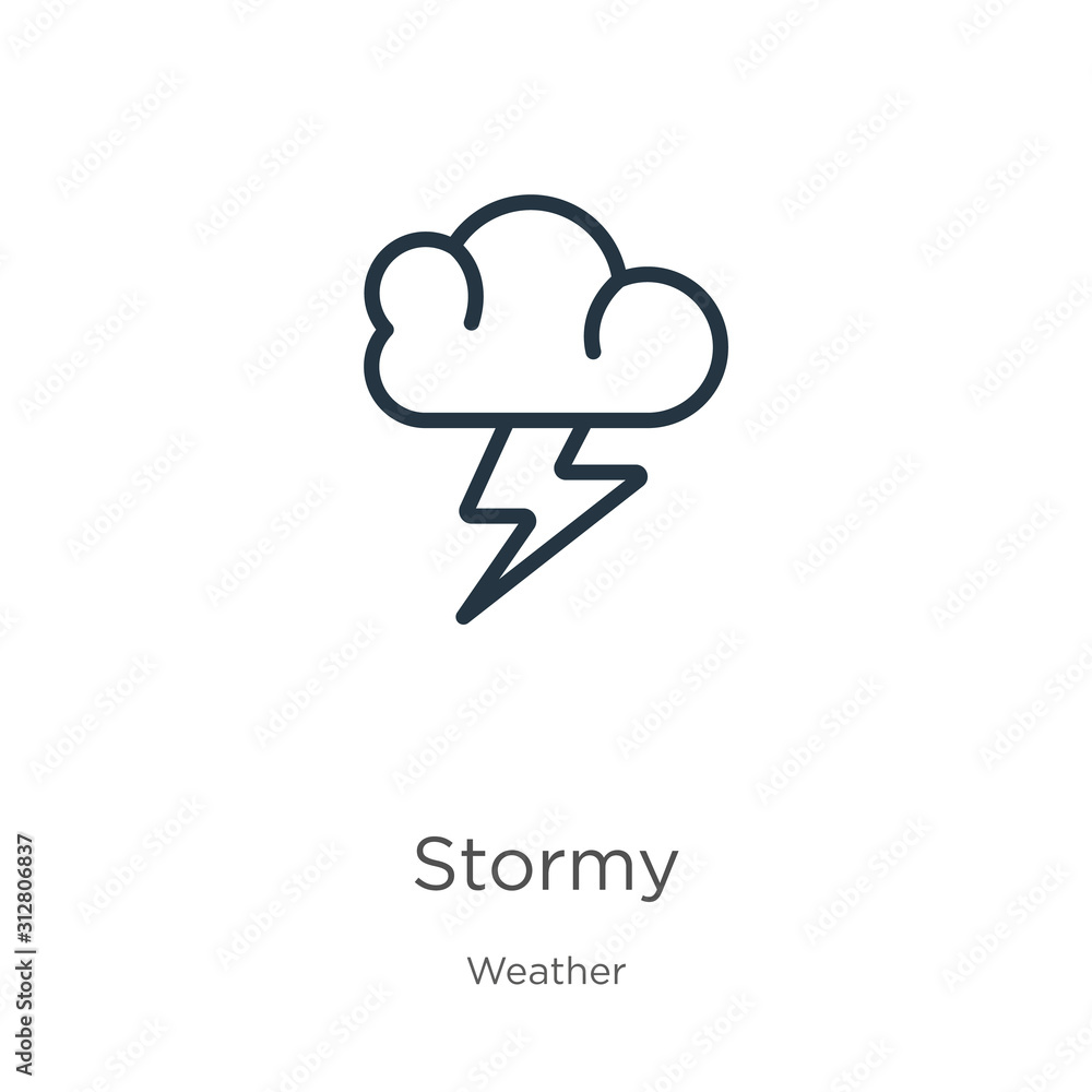 Poster stormy icon. thin linear stormy outline icon isolated on white background from weather collection. l