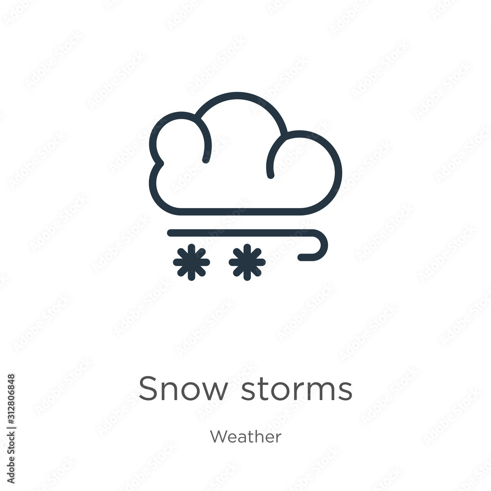 Poster snow storms icon. thin linear snow storms outline icon isolated on white background from weather col