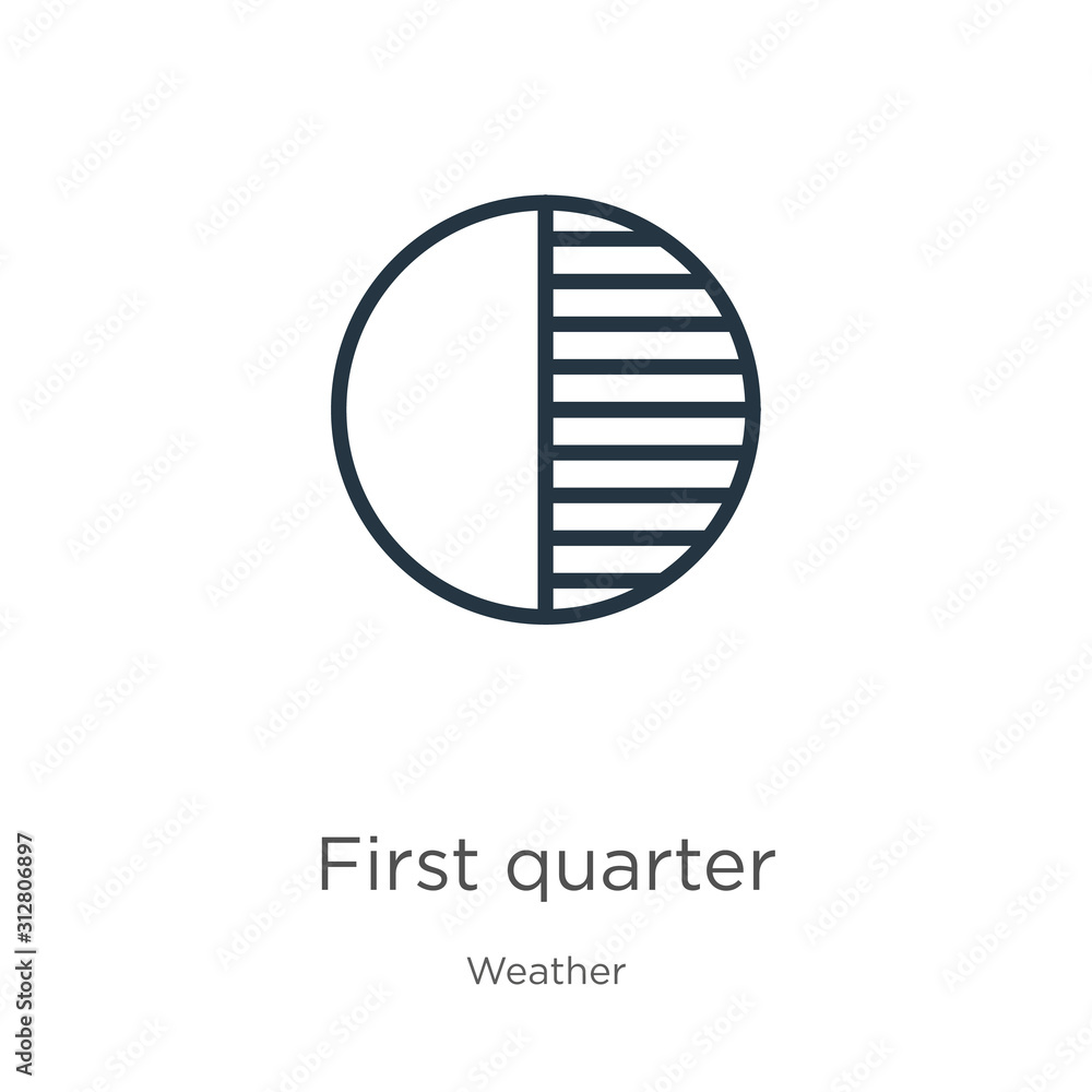 Poster first quarter icon. thin linear first quarter outline icon isolated on white background from weather